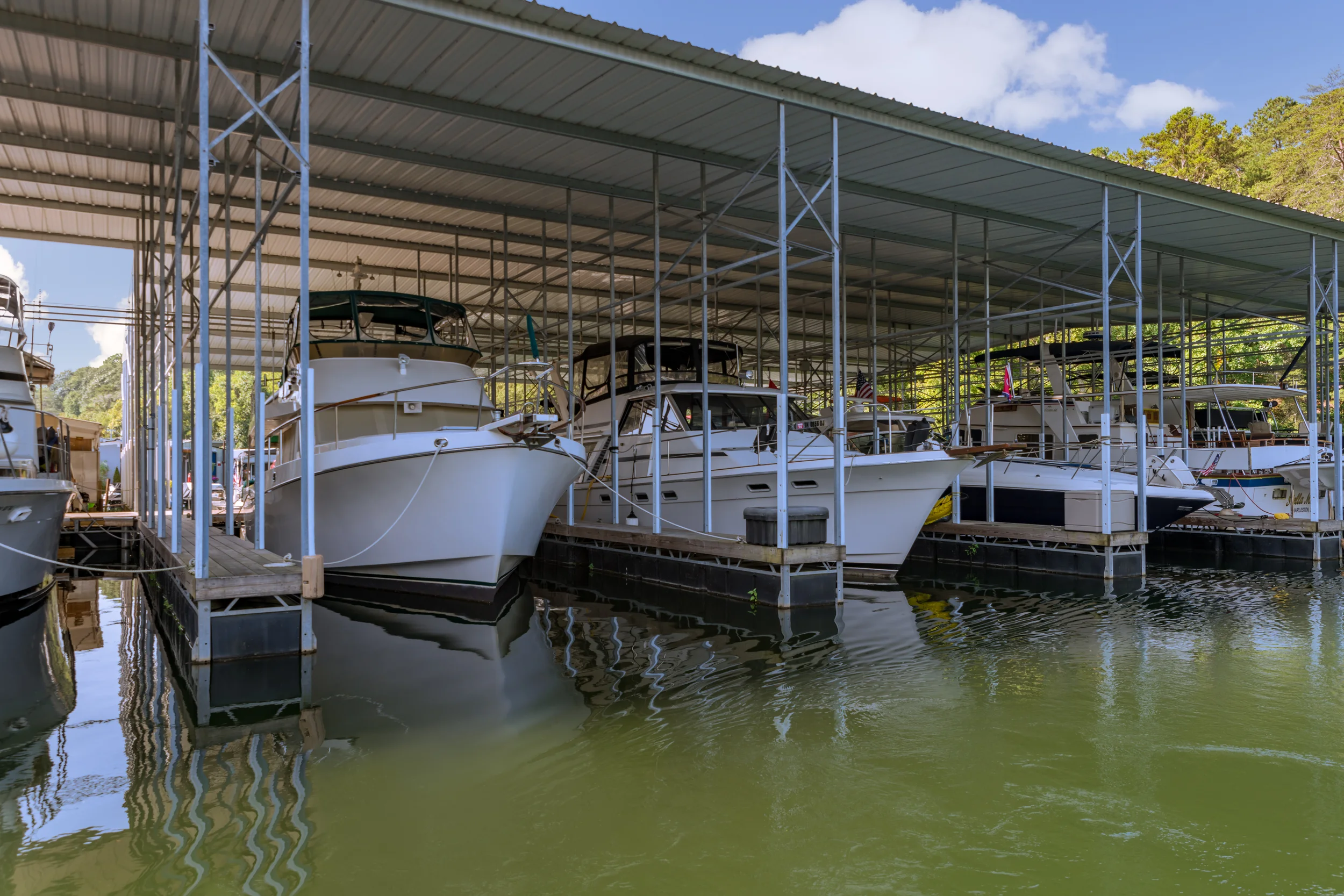 Boats docked at marina by Riverside Bed and Breakfast in Soddy Daisy, Tennessee