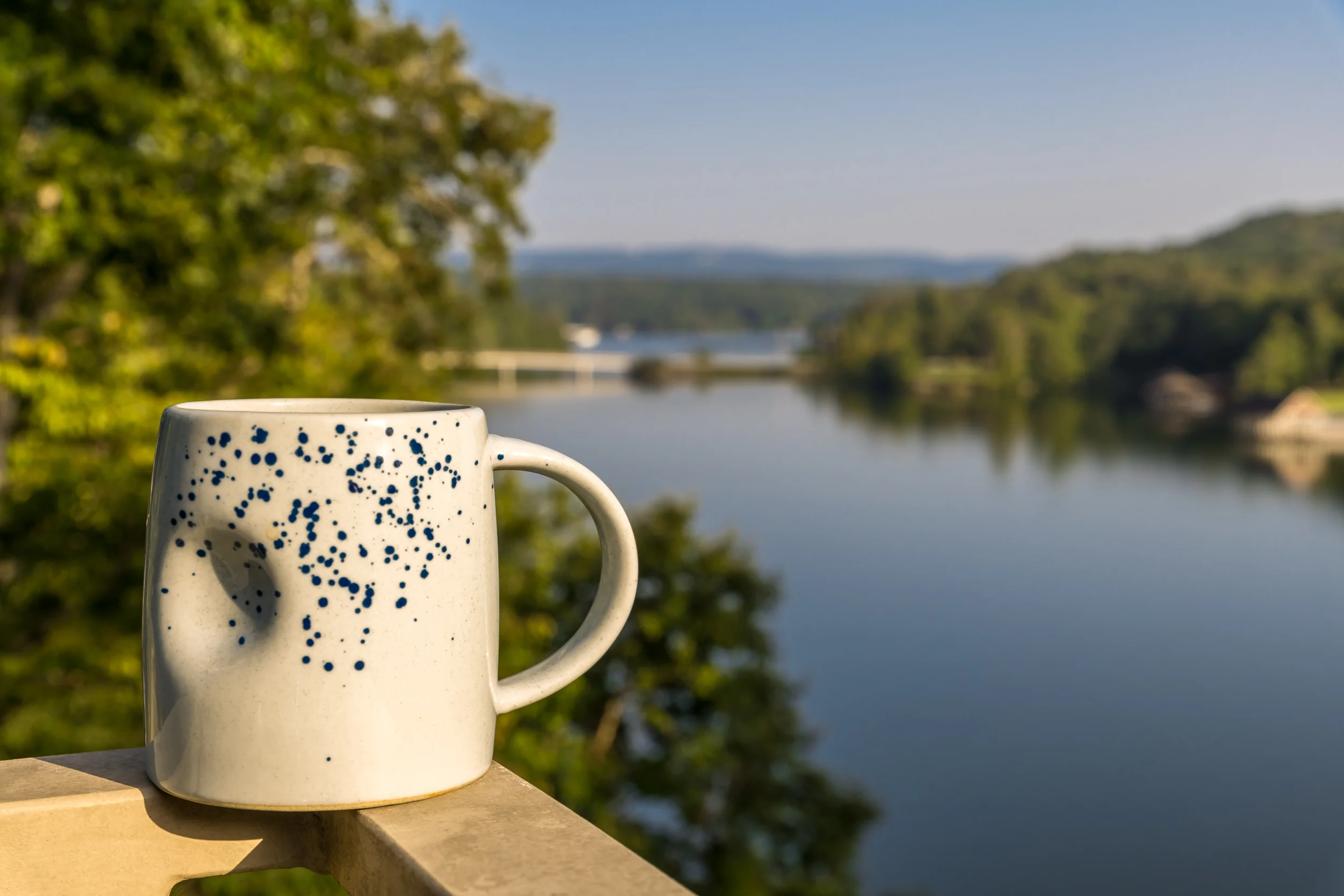 Coffee and tea mug on a dock in Soddy Daisy Tennessee